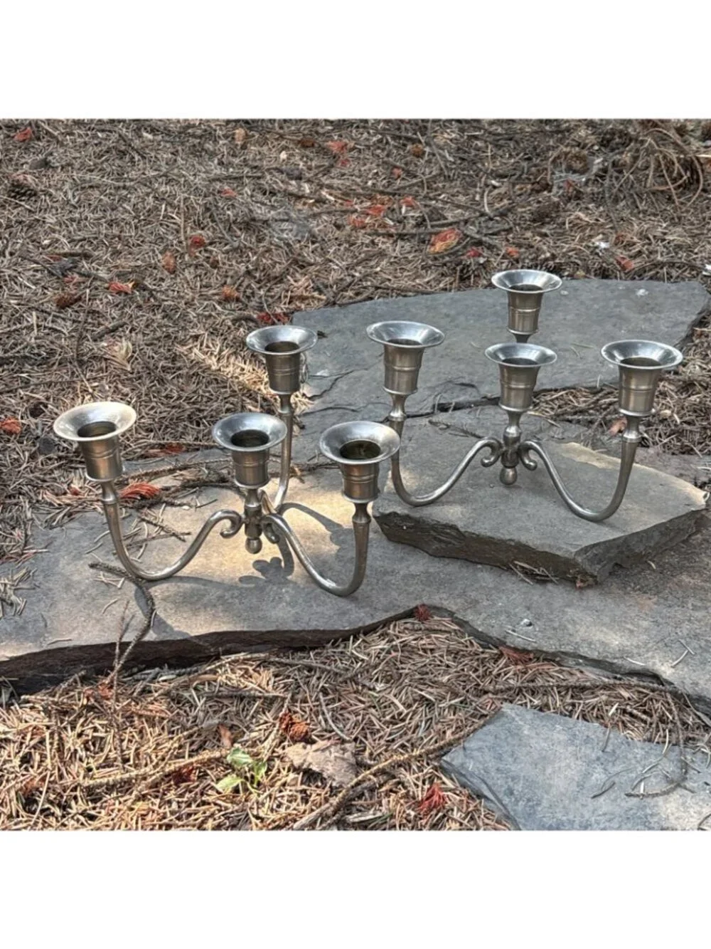 Vintage Candelabra Taper Candle Holder Set Silvertone Metal Ornate Scroll Arm